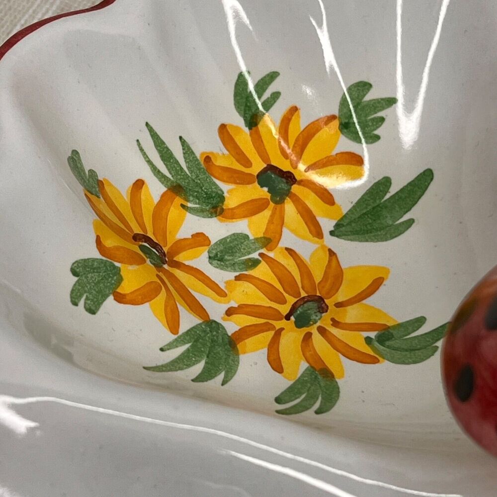Vintage 60s Ceramic Divided Dish Hand Painted  Mushroom Center Floral Accents - Picture 6 of 9
